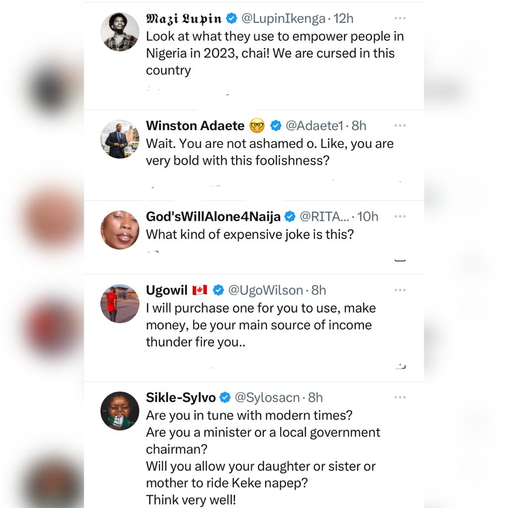 Nigerians react as Minister for Women Affairs rolls out tricycles and sewing machines for women empowerment programme